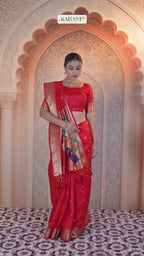 Rakta Vana Paithani-Inspired Soft Raw Silk Saree – Handwoven Gold Zari with Peacock & Floral Pallu