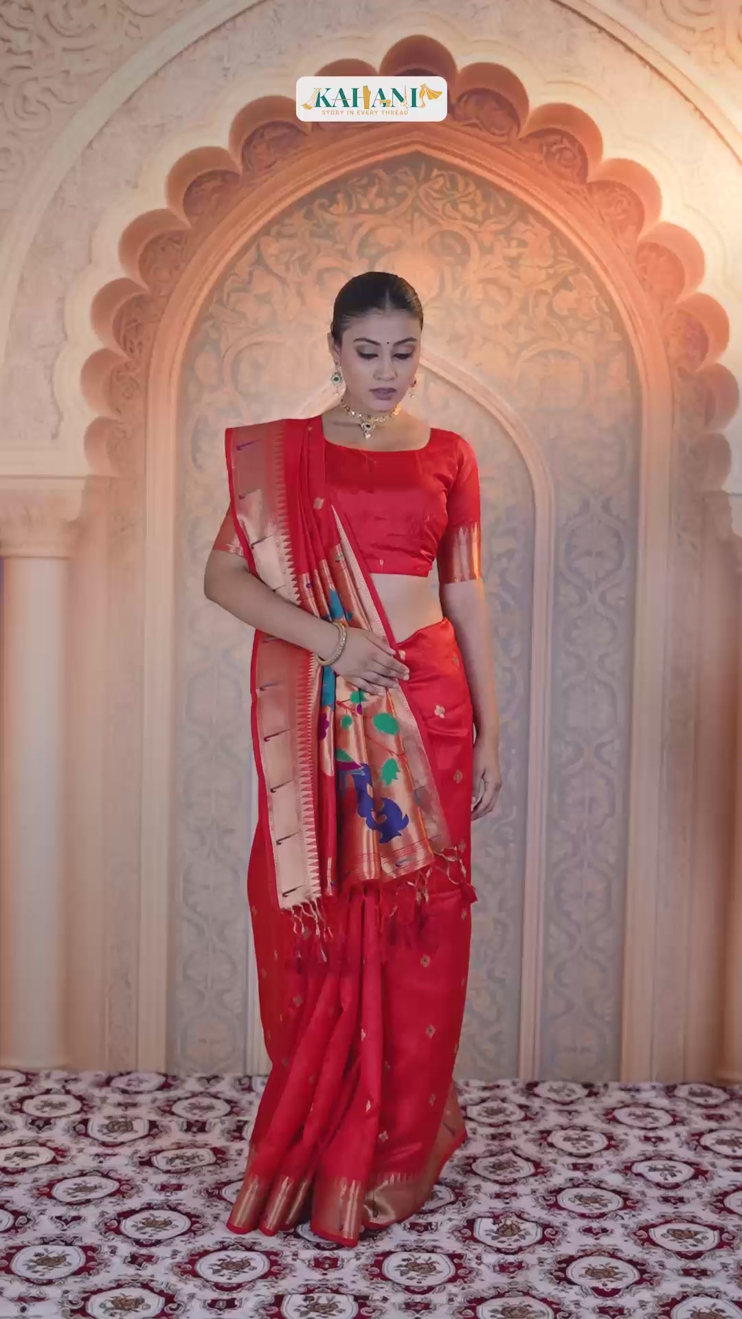Rakta Vana Paithani-Inspired Soft Raw Silk Saree – Handwoven Gold Zari with Peacock & Floral Pallu