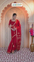 The Royal RED – Crimson Muga Linen Saree with Intricate Gold Motifs