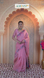 Elegant Pink pure Muga Cotton Saree with Floral Weave & Contemporary Art Pallu
