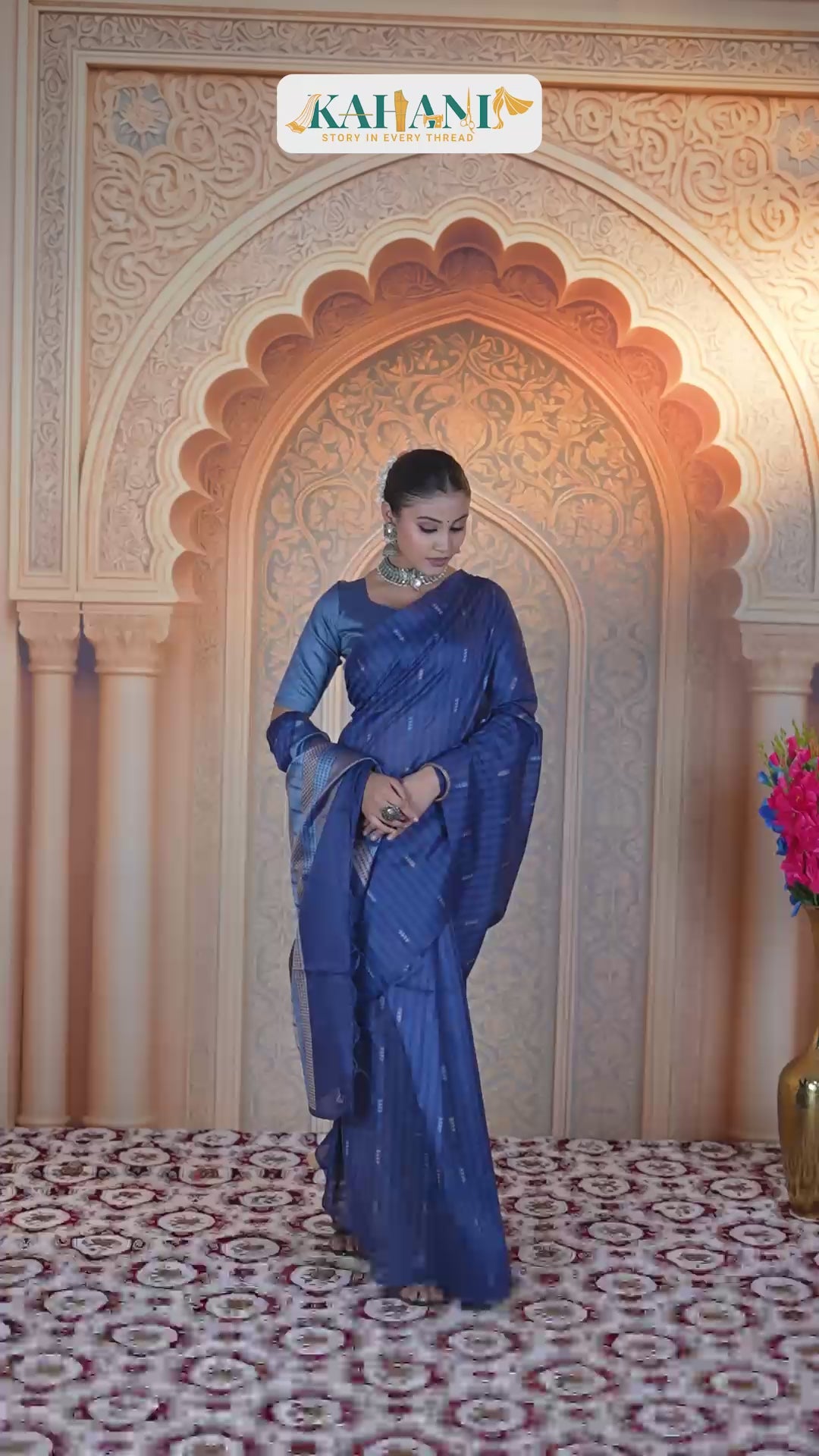 Midnight Indigo Matka Tussar Silk Saree with Statement Pallu & Designer Clutch