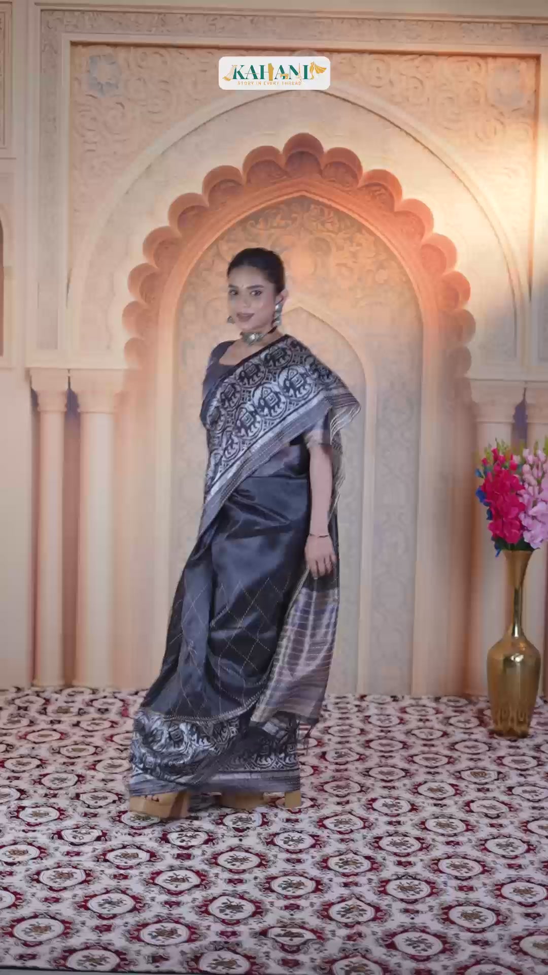 Midnight Ikat Whisper – Matka Tussar Silk Saree WITH KATHA NARRATIVES