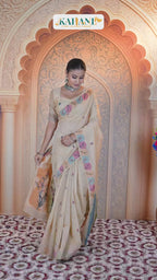 Elegant Cream Muga Cotton Saree with Multicolor Floral Weave & Handcrafted Art Pallu