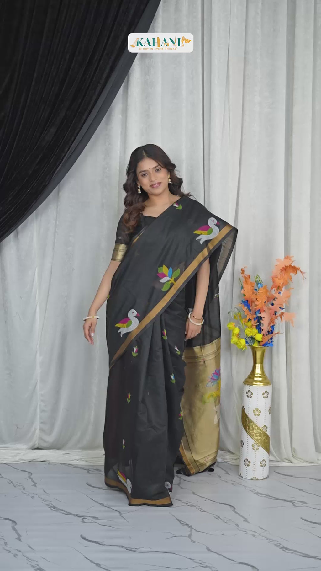 Minimal Black Cotton Saree with Gold Zari Pallu