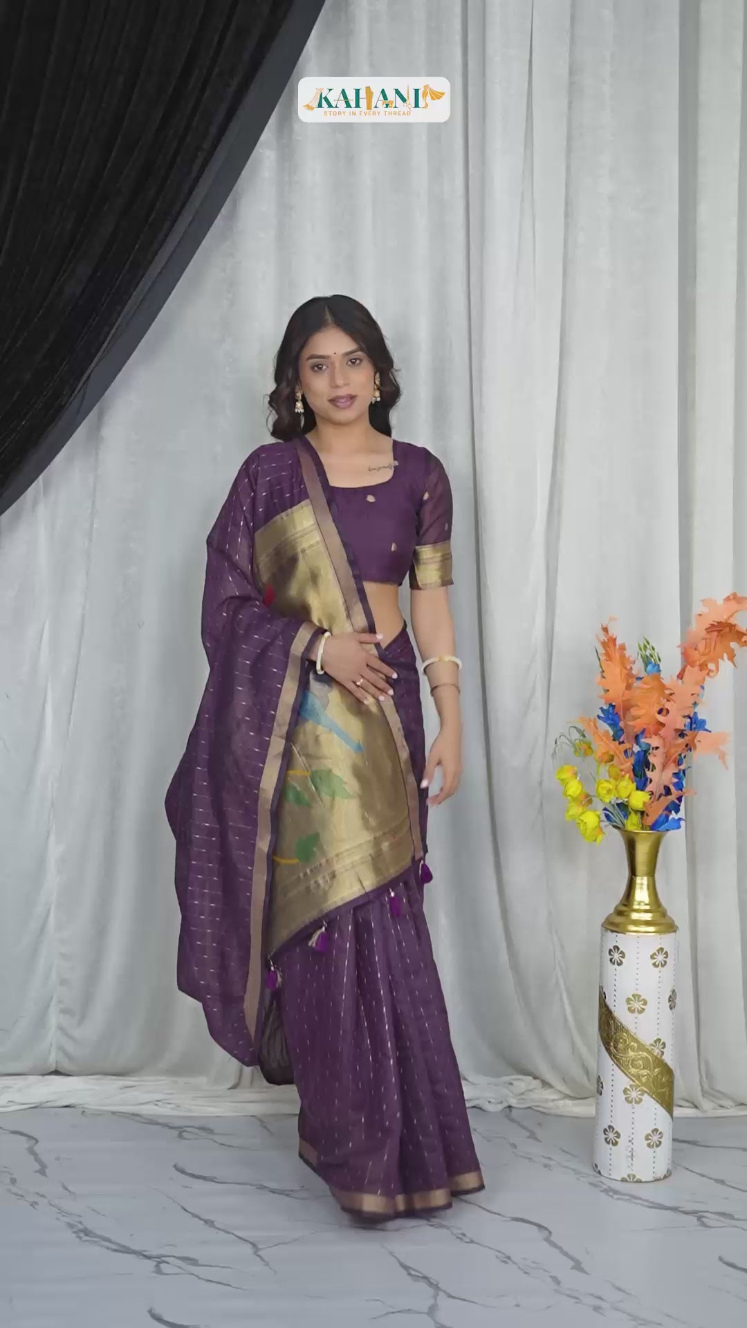 Festive Plum Cotton Saree with Zari Border & Designer Pallu