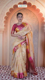 KAHANI Heritage Raw Silk Saree – Gold Weave with Crimson Zari Narrative
